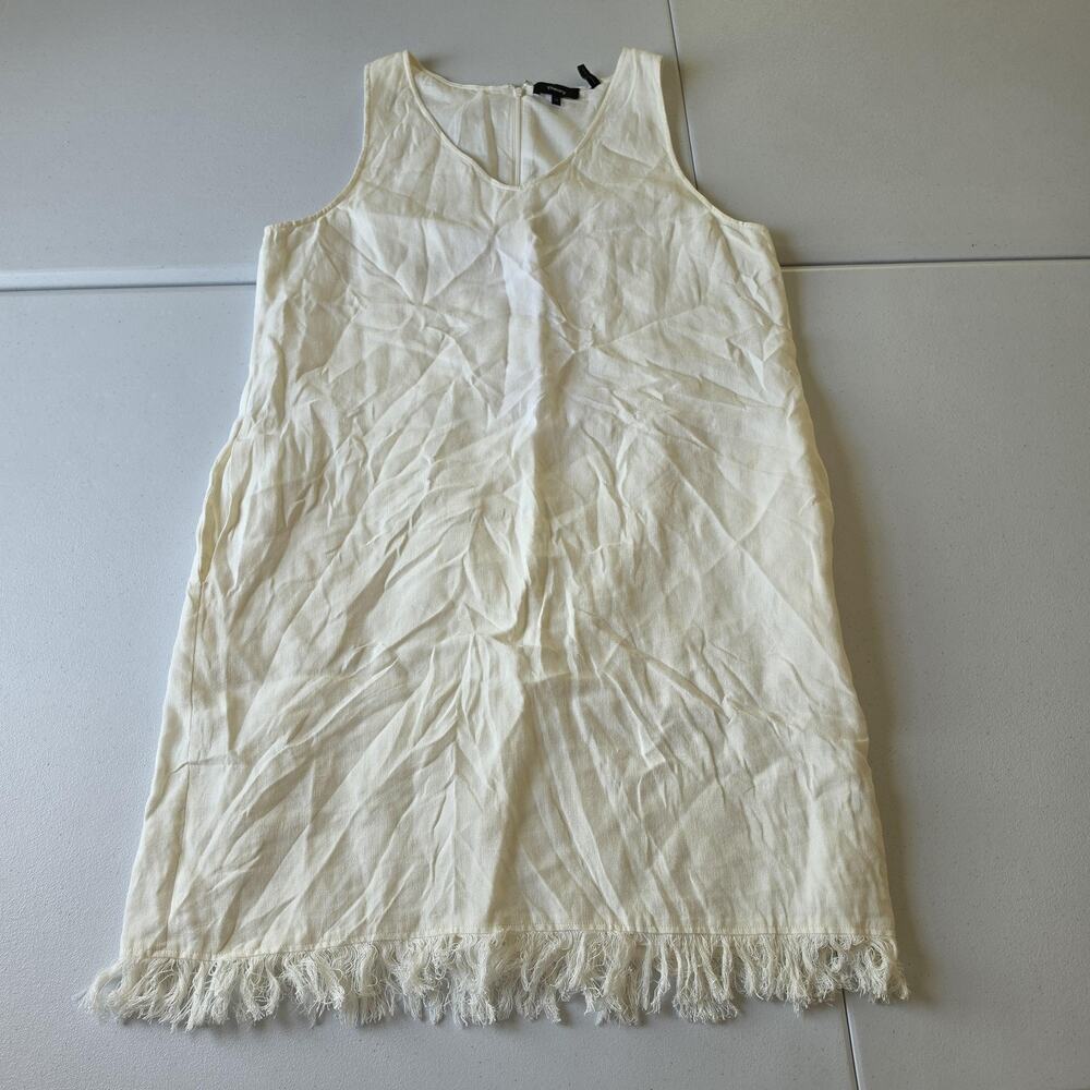 Theory Dress Womens 12 White Linen Tank Shift Fringe Hem V Neck Lined Summer